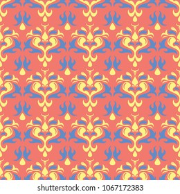 Floral red seamless pattern. Bright colored background with yellow and blue flower elements for wallpapers, textile and fabrics