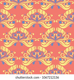 Floral red seamless pattern. Bright colored background with yellow and blue flower elements for wallpapers, textile and fabrics