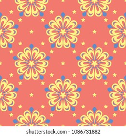 Floral red seamless pattern. Bright colored background with yellow and blue flower elements for wallpapers, textile and fabrics