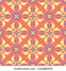 Floral red seamless pattern. Bright colored background with yellow and blue flower elements for wallpapers, textile and fabrics