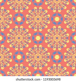 Floral red seamless pattern. Bright colored background with yellow and blue flower elements for wallpapers, textile and fabrics