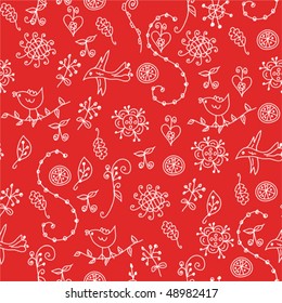 Floral red seamless pattern with graphic symbols and birds