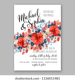 Floral red tpopical hibiscus wedding invitation vector printable card template Bridal shower bouquet flower marriage ceremony wording text