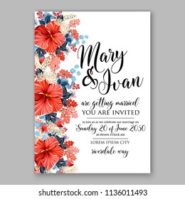 Floral red tpopical hibiscus wedding invitation vector printable card template Bridal shower bouquet flower marriage ceremony wording text