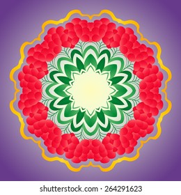 Floral red-yellow-green circular pattern on a purple-lilac background.