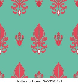 Padrão de repetição floral em vermelho e verde menta com um motivo inspirado em tailandês moderno. Perfeito Detalhado Real Exótico de Luxo Contínuo para impressões têxteis, capas de notebook, design de roupa de casa, vestuário, artesanato