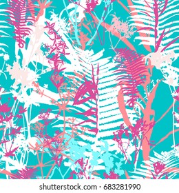 Floral repeat stems pattern silhouettes vector seamless. Wormwood, wild grass, sagebrush, fern gardening design for wallpaper amazing textures artistic collage monochrome colour blue trendy.