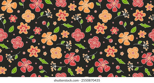 Blumenmuster mit Wiederholung. Helle bunte abstrakte Blumen. Zeichnen, Doodle. Pflanzliche botanische Vektor nahtlosen Hintergrund für den Druck von Verpackungen, Tapeten, Textilien.