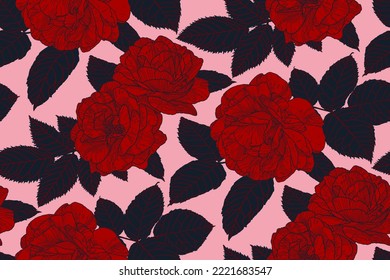 Patrón de repetición floral de rosas y hojas en color negro y rojo sobre fondo rosado. Líneas de contorno dibujadas a mano. Diseño de papel tapiz para textiles, papel, impresión, moda, tela, fondo de tarjeta