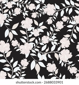 Floral  repeating seamless  pattern textured hibiscus flower black and white background vector Bunch of colorful flowers modern simple wallpaper, tile , wallpaper, fabric, textile, cards, 