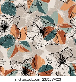 Floral retro background. Graphic line drawing. Botanical seamless pattern. 
