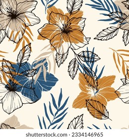 Fondo retro floral. Dibujo de línea gráfica. Patrón sin costuras botánicas. 