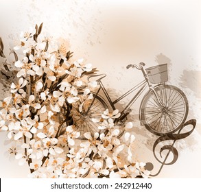 Floral retro background with plum flowers, bike and treble clef