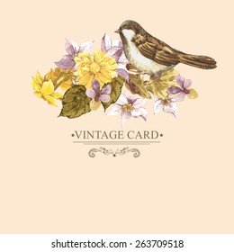 Floral Retro Card with Narcissus, Wildflowers and Bird Sparrows in Vintage Style with Place for Your Text, Watercolor Vector Illustration.