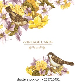 Floral Retro Card with Narcissus, Wildflowers and Bird Sparrows in Vintage Style with Place for Your Text, Watercolor Vector Illustration.