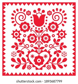 Floral retro folk art vector design in square frame from Nowy Sacz in Poland inspired by traditional highlanders embroidery Lachy Sadeckie. Polish ornament in red and white with flowers, swirls leaves