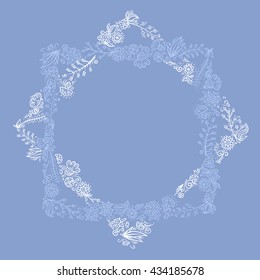 Floral retro frame in doodle style. Trendy color 2016 - serenity. Vector.