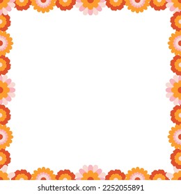 Floral retro frame in vintage colors. Fashion frame with transparent background. Retro 70s groovy frame.
