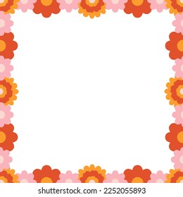 Floral retro frame in vintage colors. Fashion frame with transparent background. Retro 70s groovy frame.