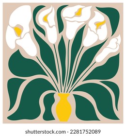 Floral retro poster with calla lilies.Trendy hand drawn flowers infantile style. Seventies, groovy background.Matisse curves aesthetic.Decorative contemporary botanical elements.Vector naive art print