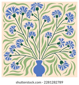 Floral retro poster with cornflowers. Trendy hand drawn flowers infantile style.Seventies, groovy background.Matisse curves aesthetic.Decorative contemporary botanical elements. Vector naive art print