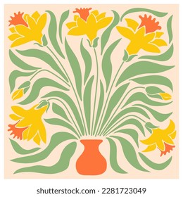 Floral retro poster with narcissuses.Trendy hand drawn flowers infantile style. Seventies, groovy background.Matisse curves aesthetic.Decorative contemporary botanical elements. Vector naive art print