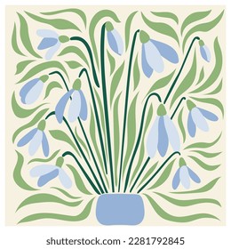 Floral retro poster with snowdrops.Trendy hand drawn flowers infantile style. Seventies, groovy background.Matisse curves aesthetic.Decorative contemporary botanical elements.Vector naive art print