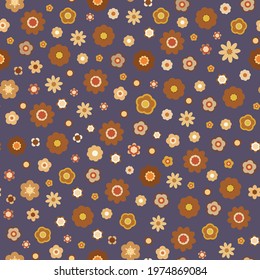 Floral retro repeat pattern, pale blue, beige, yellow and orange flat flowers on a brown background, 70s vintage style endless pattern, seamless bloomy pattern, hippy floral pattern 