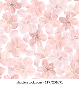 Floral retro seamless pattern, cherry or sakura flowers background, pastel vintage illustration in vector