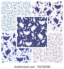 Floral retro seamless pattern with flying birds
