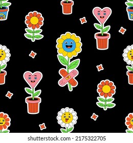 Floral retro seamless pattern with groovy elements. Stickers cartoon characters with faces funky flower power with patch, daisy flowers, flower pot with heart on black background. Vector illustration