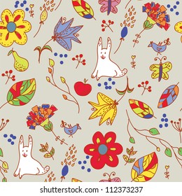 Floral retro seamless pattern with hare and leaves