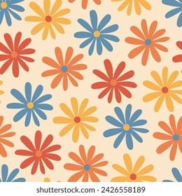 Floral retro seamless pattern. Multicolored flowers hand drawn background 70s style