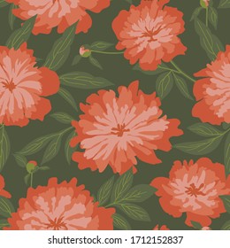 Floral retro seamless pattern: peony with leaves in red and green colors for fashion fabric, wallpaper or wrapping paper. Vector endless illustration with isolated flower elements. 