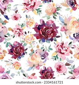 Floral retro seamless pattern with watercolor roses