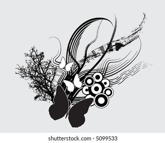 floral retro vector background with branches and butterflies