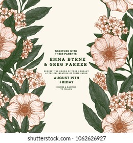 Floral retro wedding invitation. Anemone botanical vintage background. Vector illustration