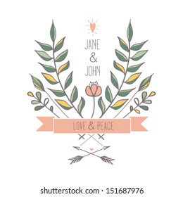 Floral retro wedding invitation or birthday card with leaves,arrows,flowers and hearts