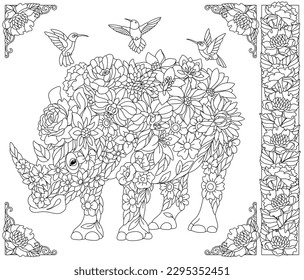 Floral rhino. Adult coloring book page with fantasy animal and flower elements