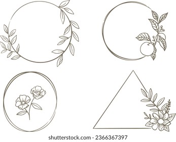 Floral ring wreath element, wedding logo, set of hand drawn flower wreath. 