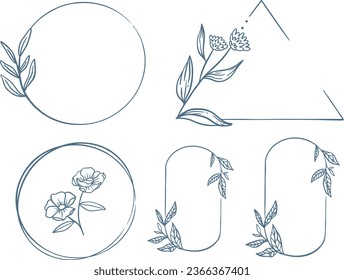 Floral ring wreath element, wedding logo, set of hand drawn flower wreath. 