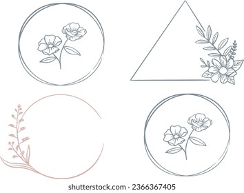 Floral ring wreath element, wedding logo, set of hand drawn flower wreath. 