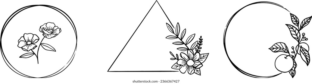 Floral ring wreath element, wedding logo, set of hand drawn flower wreath. 