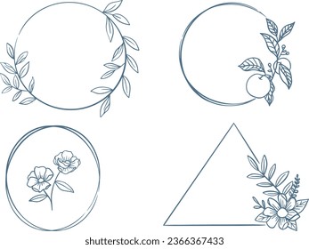 Floral ring wreath element, wedding logo, set of hand drawn flower wreath. 