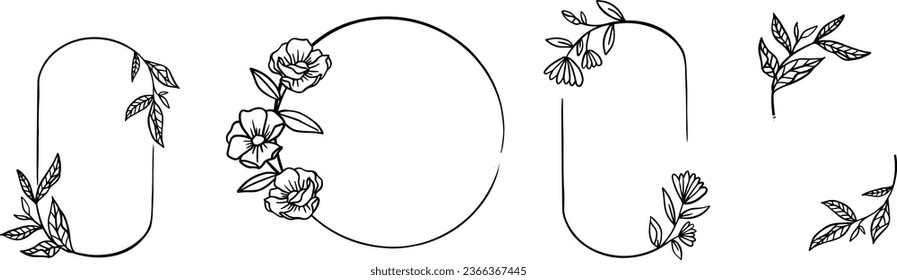 Floral ring wreath element, wedding logo, set of hand drawn flower wreath. 