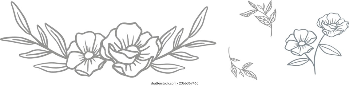 Elemento de corona floral, logotipo de boda, conjunto de flor dibujada a mano. 