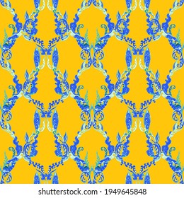 Floral rococo vintage seamless pattern, classic damask textile ornament. Blue orange yellow gold green background. Can be used for Gift wrap, fabrics, wallpapers. Vector