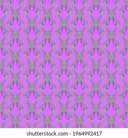 Floral rococo vintage seamless pattern, classic damask textile ornament. green purple lavender lilac violet amethyst fuchsia lime background. Can be used for Gift wrap, fabrics, wallpapers. Vector