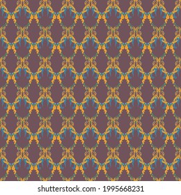 Floral rococo vintage seamless pattern, classic damask textile ornament. Blue tan yellow orange Sepia, Caramel, bronze, Rust, copper background. Can be used for Gift wrap, fabrics, wallpapers. Vector