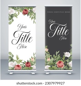 floral roll up banner design with white and black background